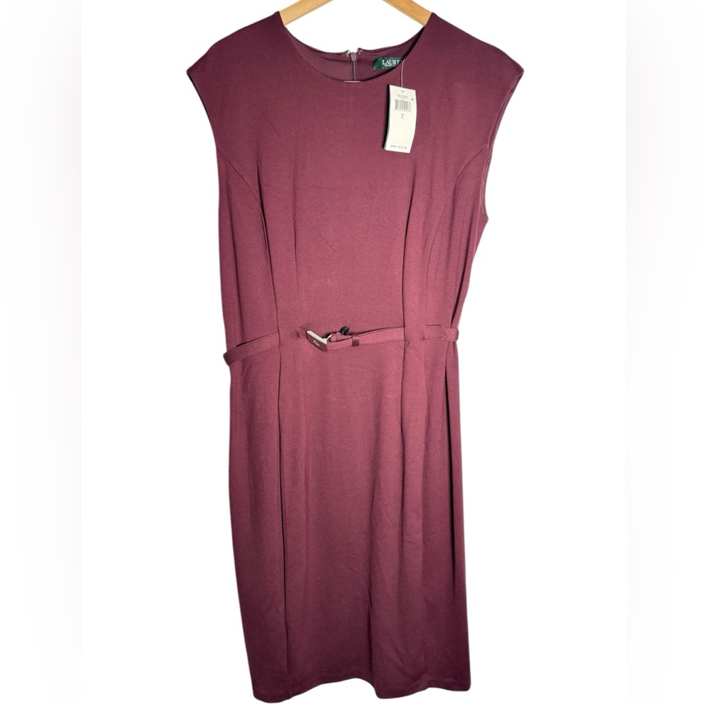Ralph Lauren Ponte Dress Belted RL Logo Belt Midi Burgundy Stretch‎ Large NEW